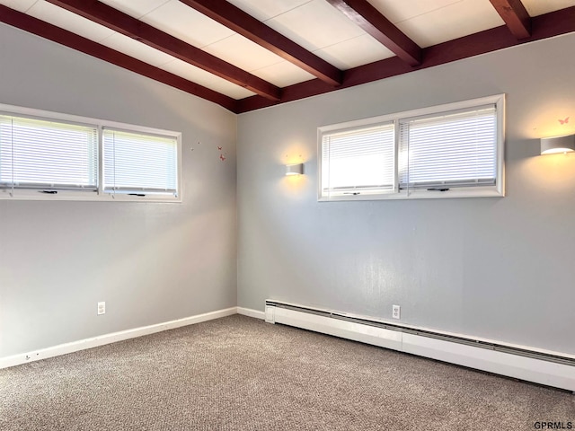 carpeted empty room with vaulted ceiling with beams and a baseboard radiator