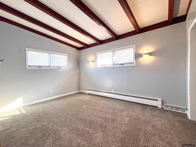 unfurnished room featuring carpet, lofted ceiling with beams, and a baseboard radiator