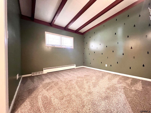 unfurnished room with carpet, lofted ceiling with beams, and a baseboard heating unit