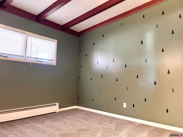 spare room with carpet flooring, lofted ceiling with beams, and a baseboard heating unit