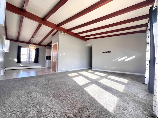 unfurnished living room with vaulted ceiling with beams, a baseboard heating unit, a notable chandelier, a wall mounted AC, and carpet