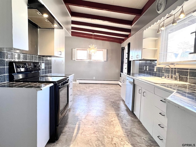 kitchen featuring decorative backsplash, black electric range oven, white cabinetry, and sink