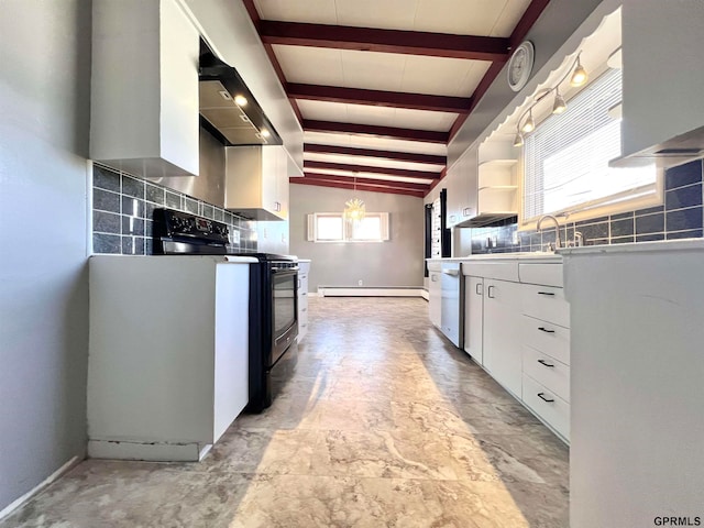 kitchen featuring lofted ceiling with beams, white cabinets, a healthy amount of sunlight, and appliances with stainless steel finishes