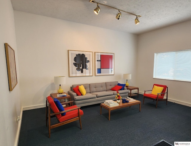 living room featuring carpet flooring, a textured ceiling, and track lighting