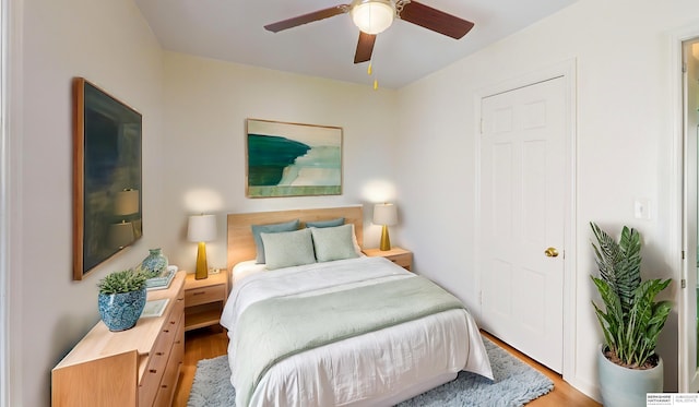 bedroom featuring ceiling fan and wood-type flooring