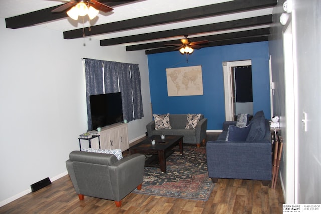 living room featuring beam ceiling, dark hardwood / wood-style flooring, and ceiling fan