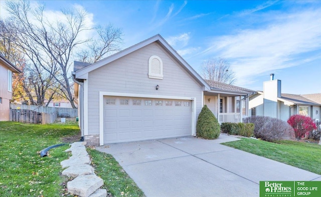 single story home with a front lawn, a porch, and a garage