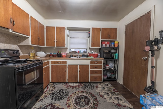 kitchen featuring electric range, backsplash, dark wood-type flooring, and sink