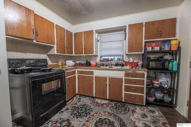 kitchen featuring black electric range, backsplash, dark hardwood / wood-style floors, and sink