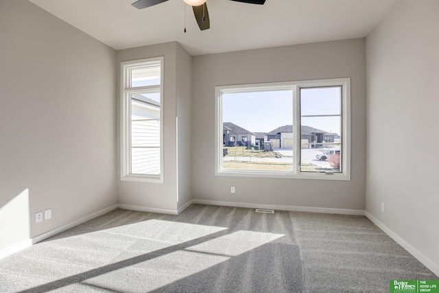 empty room featuring ceiling fan and carpet