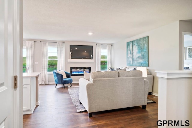 living room with dark hardwood / wood-style flooring, plenty of natural light, and a textured ceiling