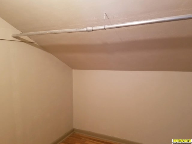 walk in closet featuring wood-type flooring and vaulted ceiling