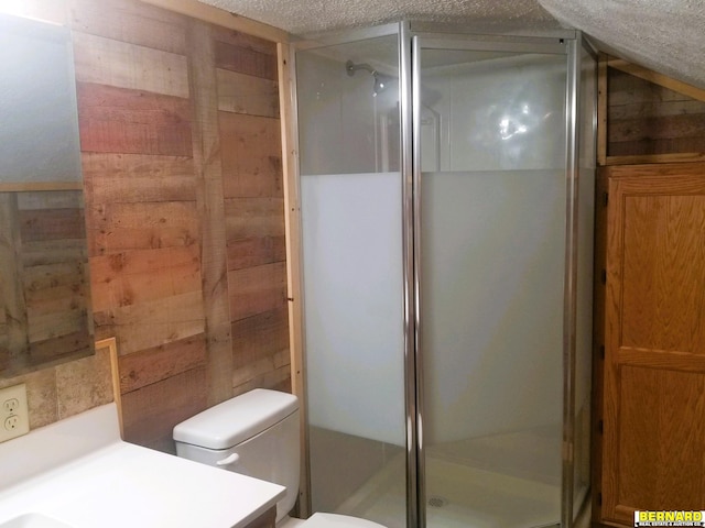 bathroom with vanity, wooden walls, toilet, a textured ceiling, and a shower with shower door