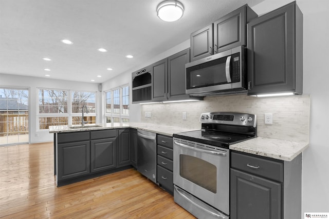 kitchen with sink, decorative backsplash, light stone countertops, light wood-type flooring, and appliances with stainless steel finishes