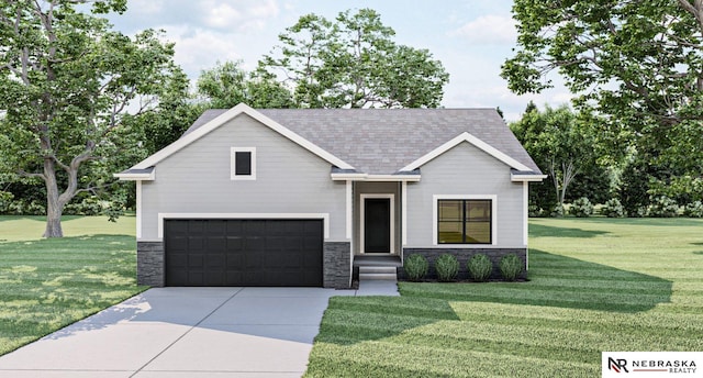 view of front facade with driveway, stone siding, and a front yard