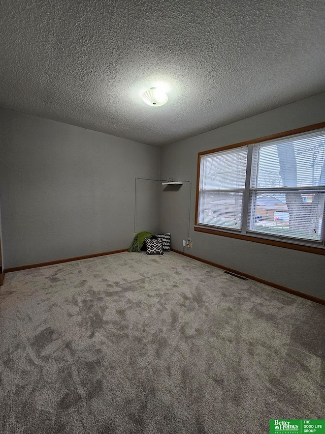 empty room with carpet floors and a textured ceiling