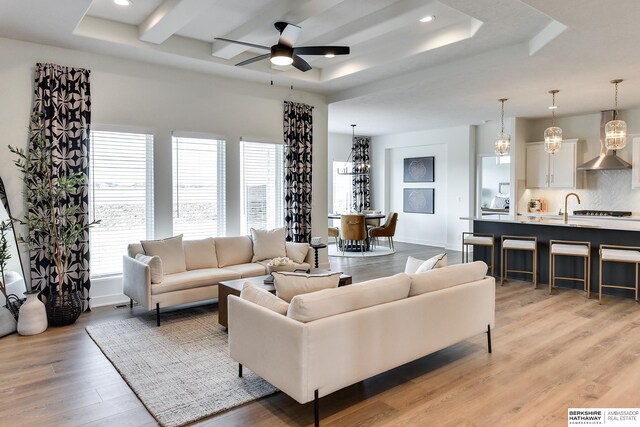 6614 S 200th Ave, Omaha, NE 68135 - living area featuring recessed lighting, light wood-type flooring, and a tray ceiling