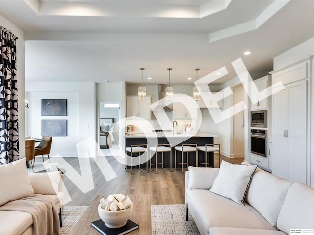 living room featuring light wood-type flooring, sink, and a tray ceiling