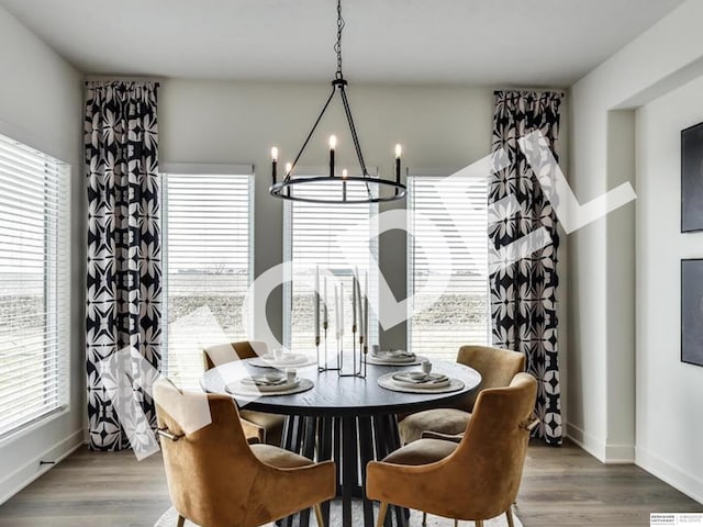 dining space featuring a notable chandelier, a healthy amount of sunlight, and wood-type flooring