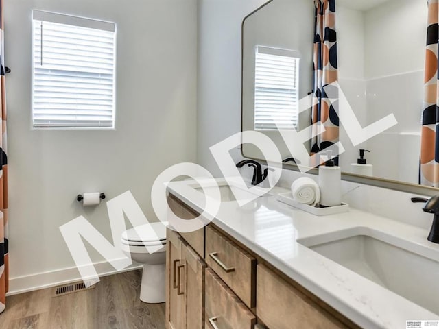 bathroom featuring wood-type flooring, vanity, and toilet