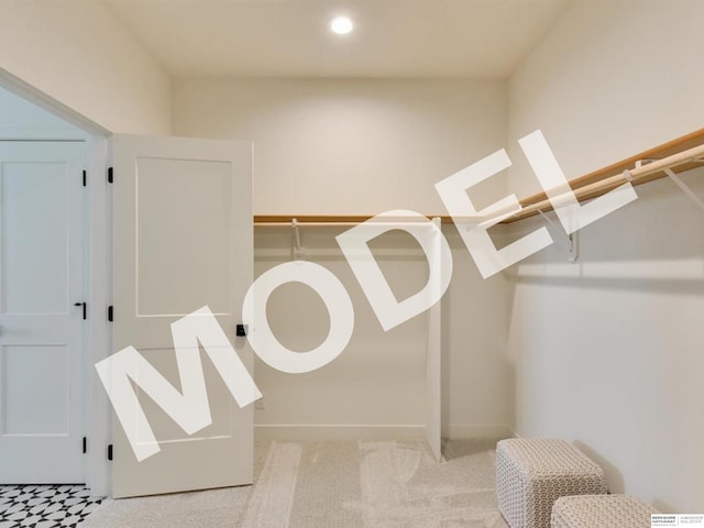 spacious closet featuring light colored carpet