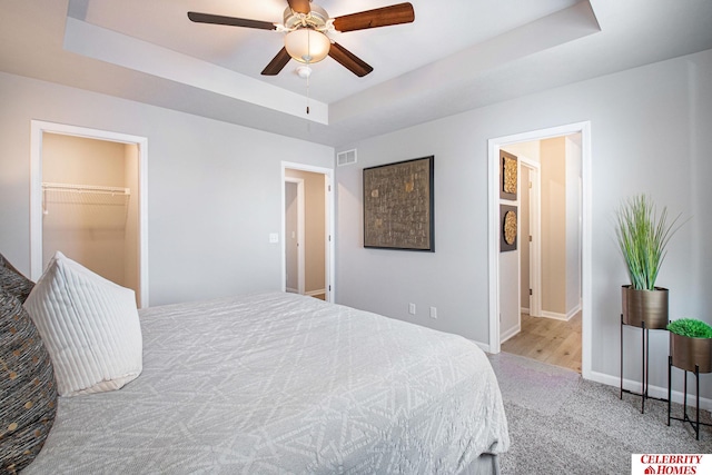 carpeted bedroom featuring ceiling fan, a closet, a spacious closet, and a tray ceiling