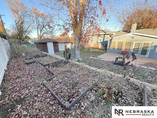 view of yard featuring a patio area and a storage shed