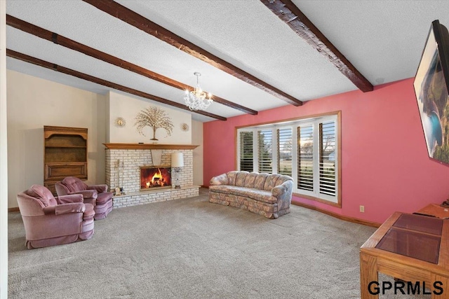 carpeted living room with beamed ceiling, a textured ceiling, a chandelier, and a brick fireplace