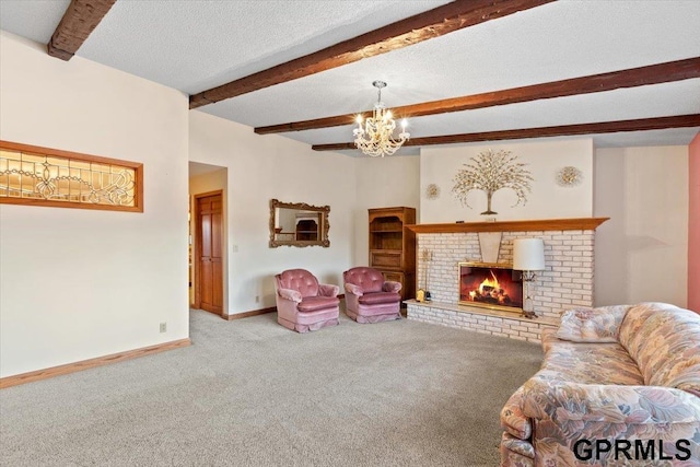 living room featuring beamed ceiling, a chandelier, light carpet, and a brick fireplace