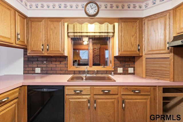 kitchen featuring backsplash, sink, premium range hood, and black dishwasher