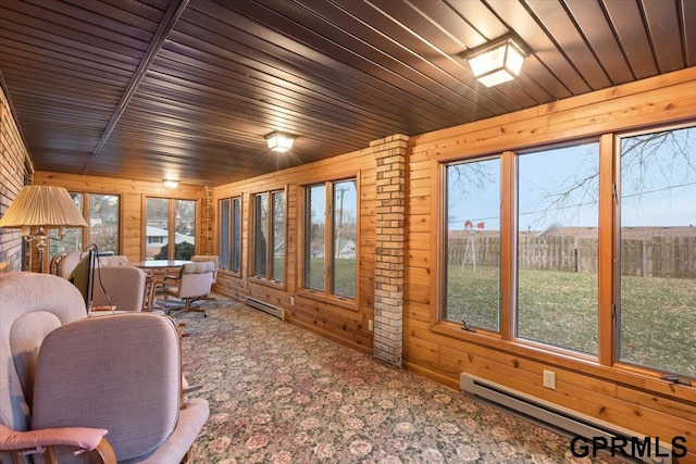 interior space featuring wood ceiling, plenty of natural light, and a baseboard radiator