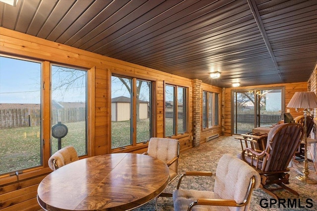 sunroom / solarium featuring plenty of natural light and wood ceiling