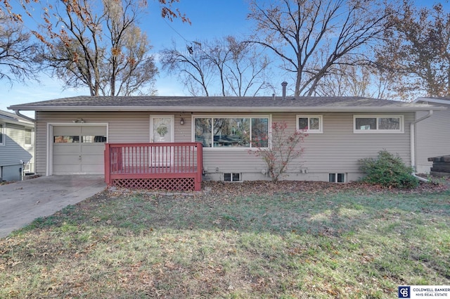 single story home with central AC, a garage, a front lawn, and a wooden deck