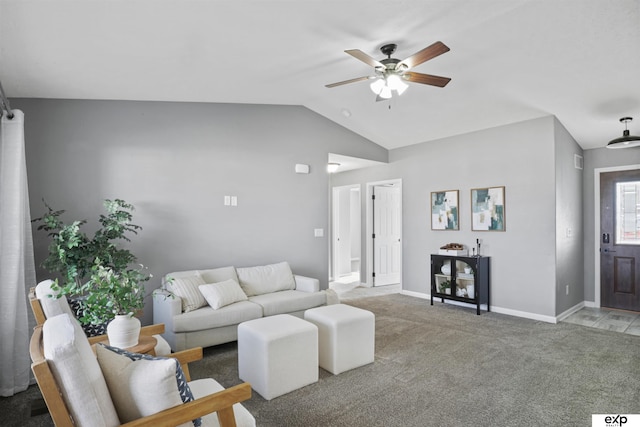 living room with ceiling fan, light colored carpet, and lofted ceiling