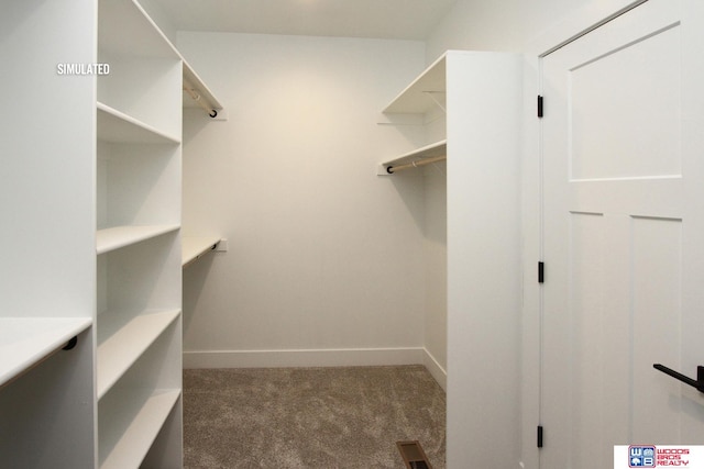 walk in closet with dark carpet