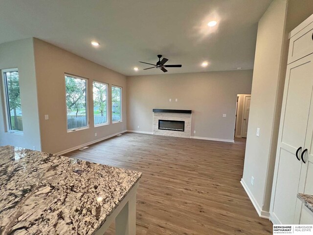 living room with ceiling fan and wood-type flooring