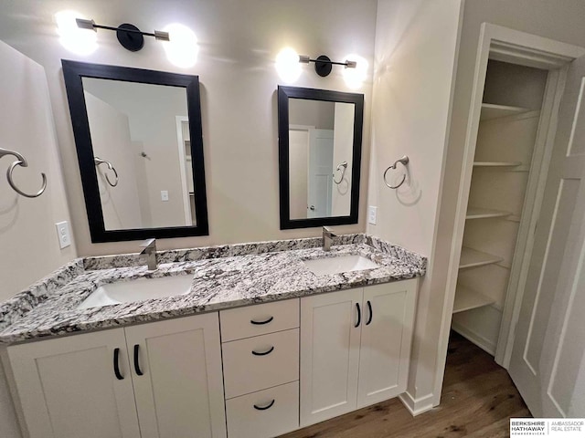 bathroom with hardwood / wood-style floors and vanity