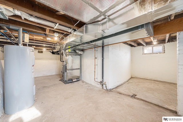 basement with heating unit and water heater