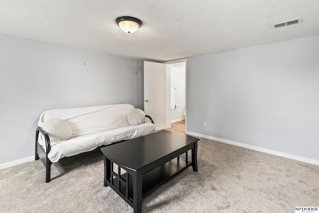 interior space featuring carpet flooring and a textured ceiling