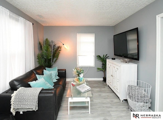 living room featuring a textured ceiling, light hardwood / wood-style flooring, and a healthy amount of sunlight