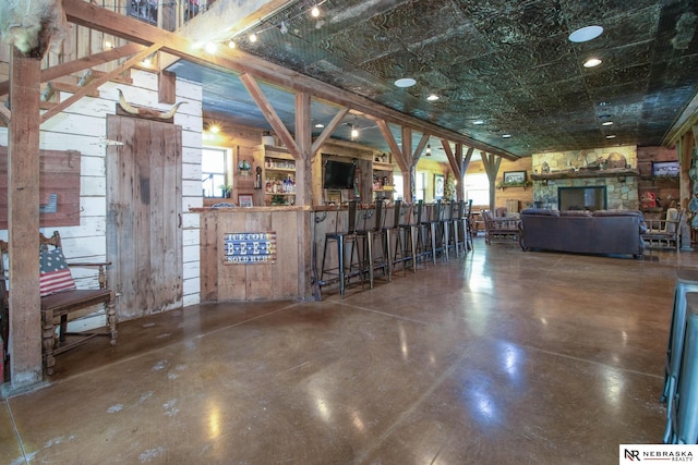 interior space featuring wooden walls
