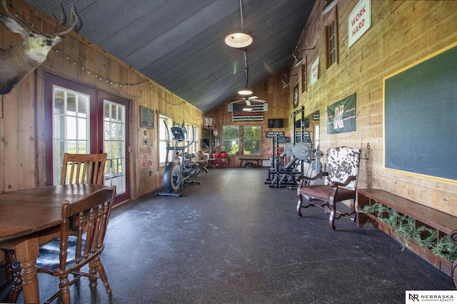 interior space with wooden walls, a healthy amount of sunlight, and high vaulted ceiling