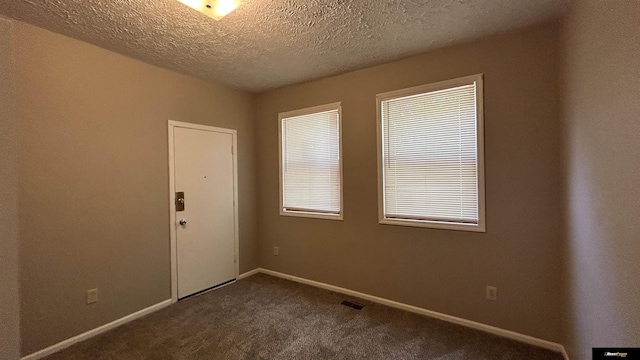 carpeted empty room featuring a textured ceiling