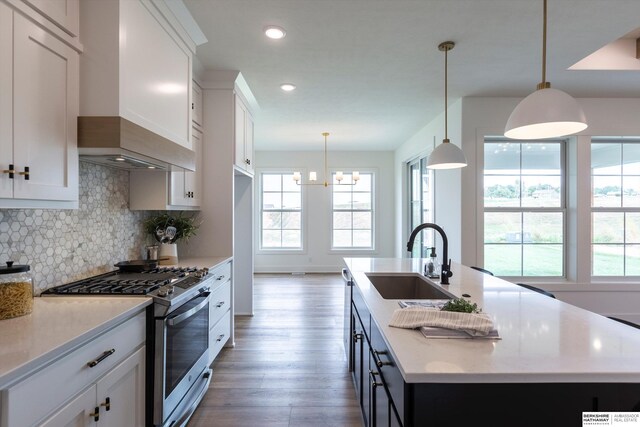 kitchen featuring a healthy amount of sunlight, a kitchen island with sink, sink, and stainless steel appliances