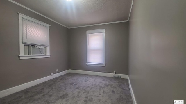 carpeted spare room featuring a textured ceiling and ornamental molding