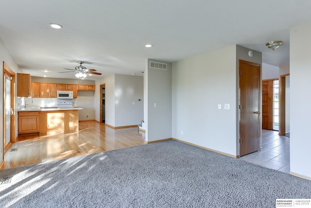 kitchen with kitchen peninsula, ceiling fan, light hardwood / wood-style flooring, and plenty of natural light