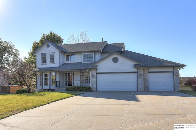 front facade featuring covered porch, a garage, and a front lawn