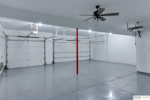 garage featuring ceiling fan and a garage door opener