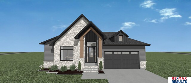 view of front of property with stone siding, an attached garage, concrete driveway, and a front yard