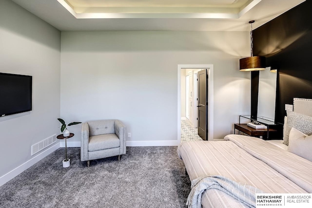 carpeted bedroom with a tray ceiling